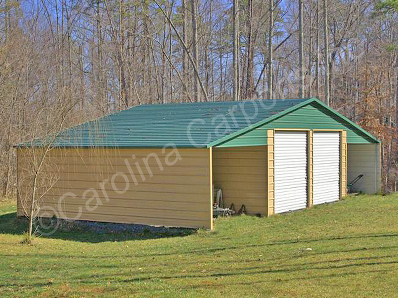 Boxed-Eave-Roof-Style-Seneca-Barn-with-Two-9_-x-8_-Garage-Doors-On-Main-Building